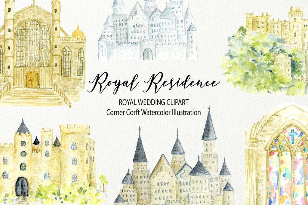 watercolor royal wedding clipart, wedding venue, castle, church, instant download