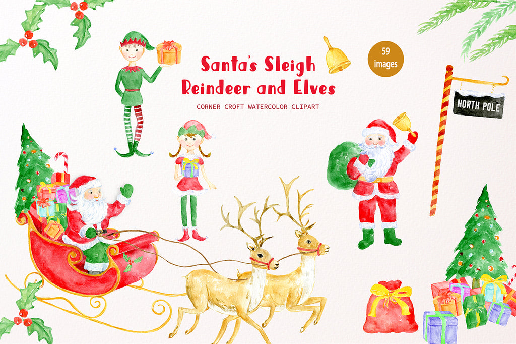santa, sleigh, sled, elf, santa claus christmas tree, north pole sign, watercolour illustration 