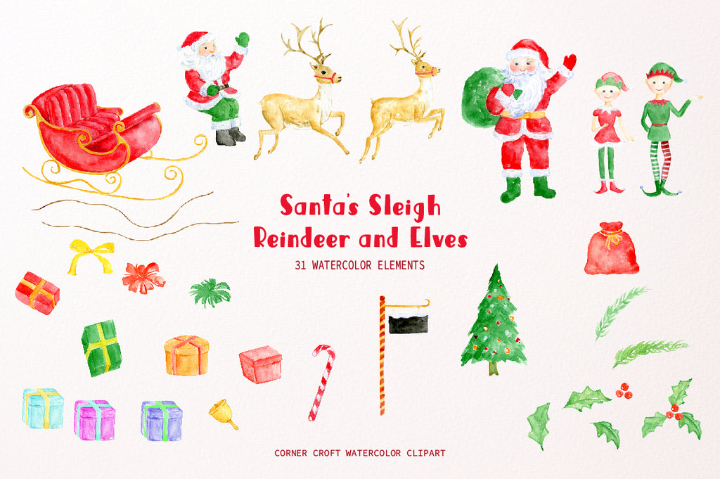santa claus, santa's sled, girl elf and boy elf, christams gift, png images, instant download