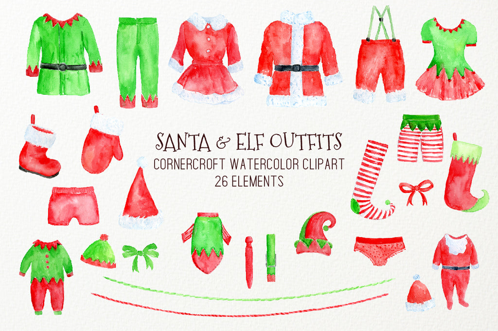 watercolor santa cloths illustration, Santa hat, santa coat, santa pants, red stocking, washing line