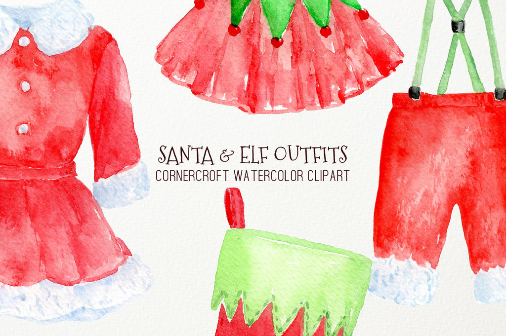 watercolour clipart, santa claus outfit, santa dress, baby body suit, illustration, instant download
