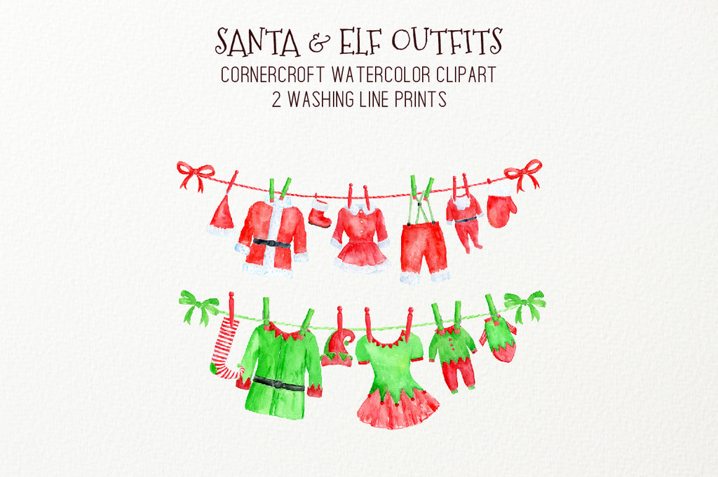 watercolor Christmas clothes on washing line, watercolor clipart, instant download