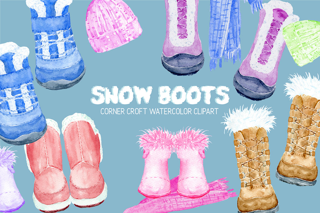 watercolor winter boots illustration, snow boots, pink, blue, yellow, digital download