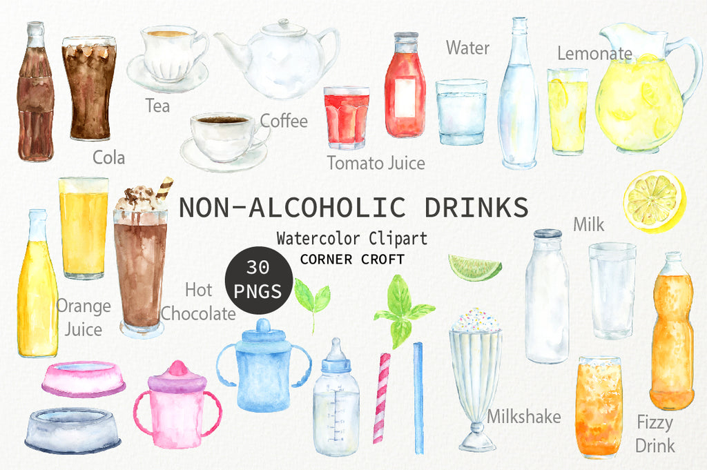 watercolour clipart soft drink, fizzy drink, tea and coffee, cola, lemonade, juice, drink illustration 