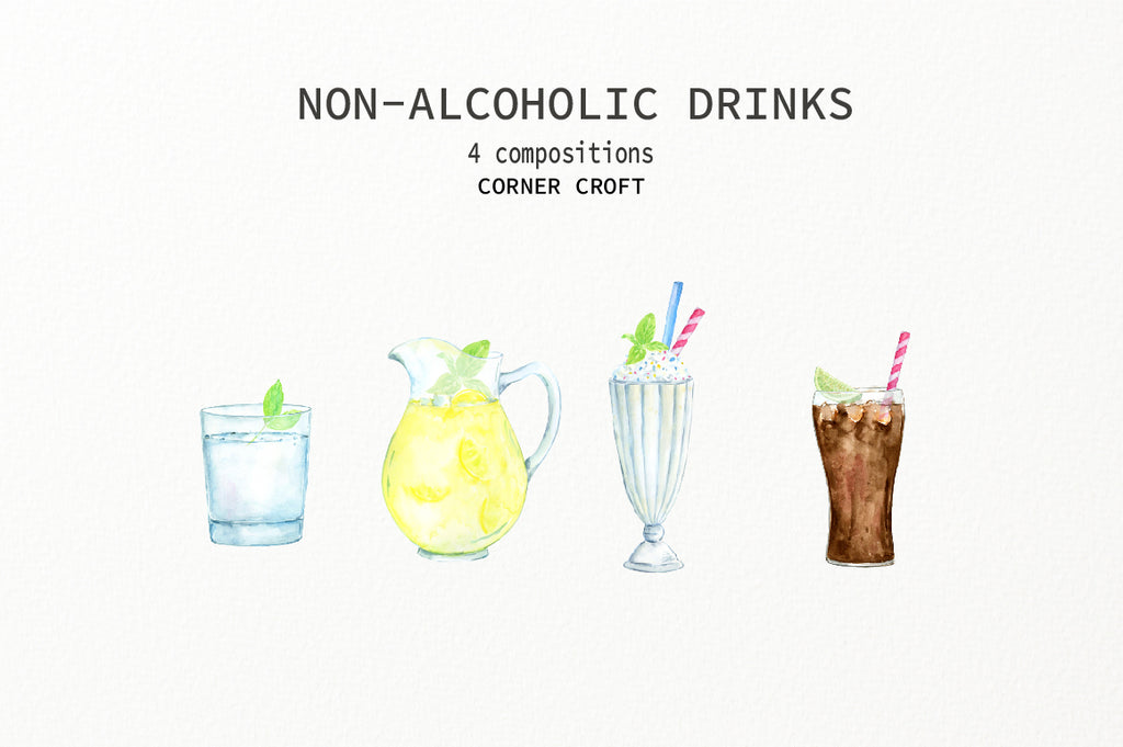 my family print of drinks, watercolour illustration of drinks, non alcoholic drink, corner croft design 