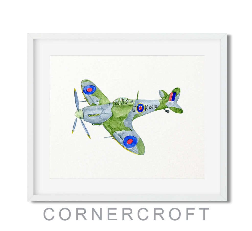 Watercolor RAF spitfire fighter illustration, printable, boy room decor