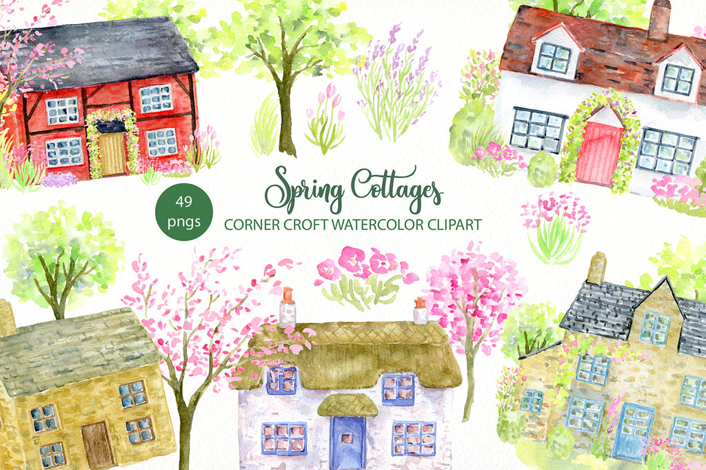 watercolor spring cottages, garden flowers, spring house, home illustration 