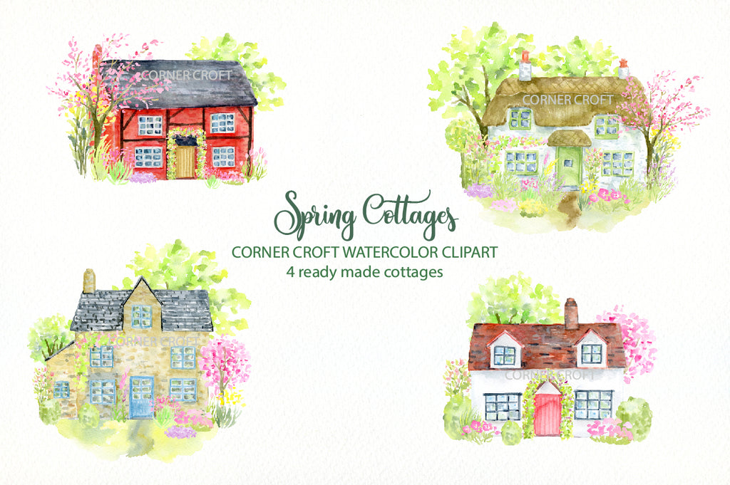 watercolor spring cottages, watercolor flowers for address labels, greeting cards