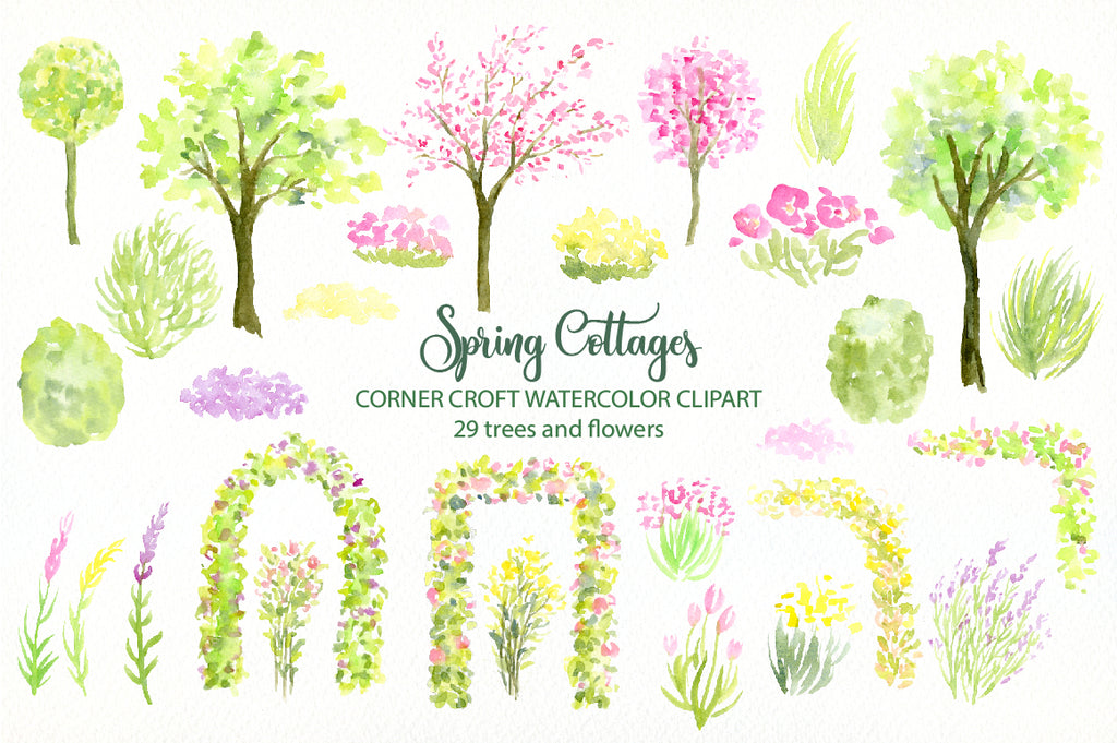 watercolor spring trees, spring flowers, watercolor spring cottages digital download 