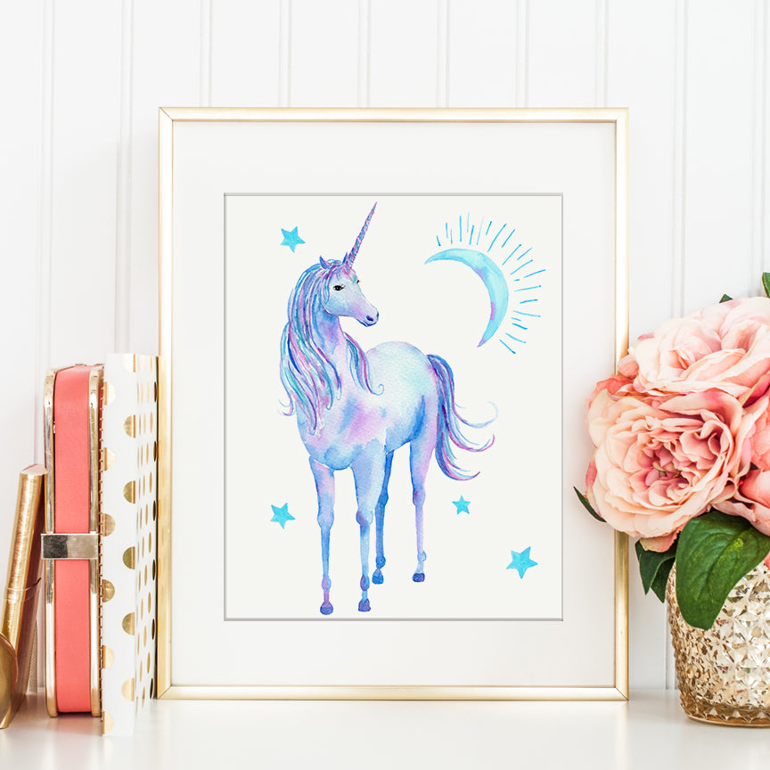 watercolor blue unicorn, turquoise unicorn, pretty unicorn instant download 