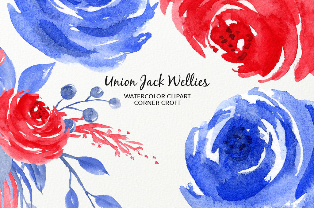 watercolor flower clipart, blue and red flowers, instant download 