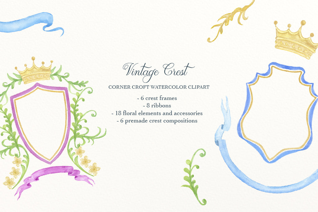 watercolor clipart of vintage style crest, perfect for wedding and invitations.