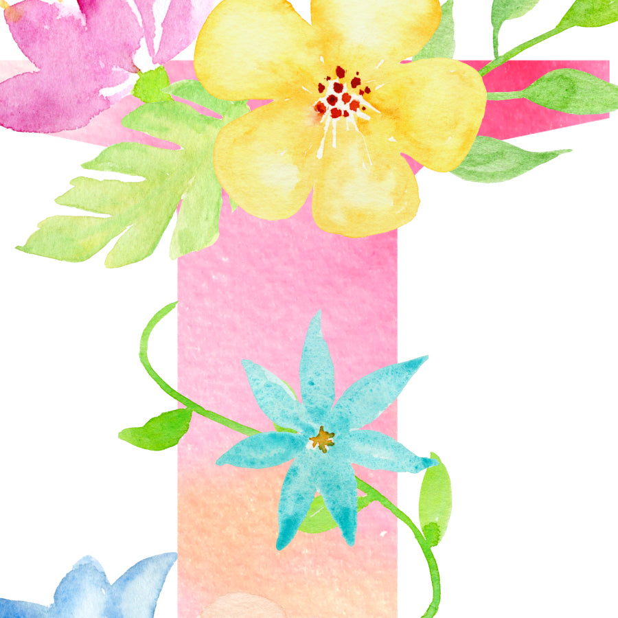 watercolor floral letter I, digital letter I, pink flowers, alphabet I, corner croft print