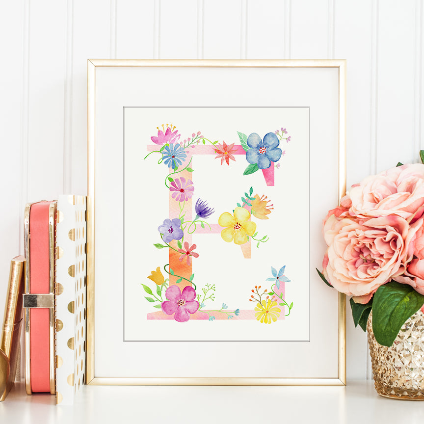 watercolor floral letter E, capital letter E, alphabet E, instant download 