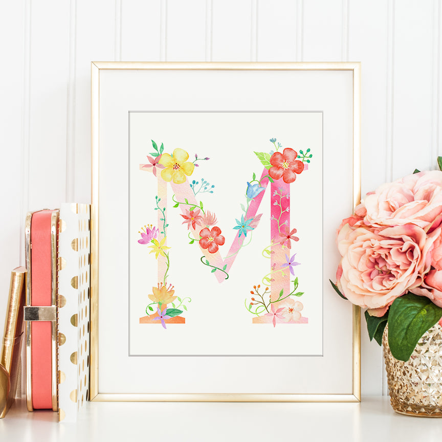 watercolor floral letter M, name initial M printable, pink flower letter M, M print
