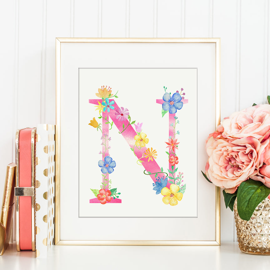 watercolor floral letter n, alphabet N, capital Letter N, floral alphabet N