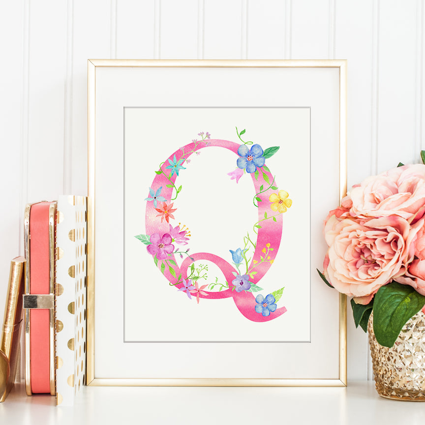 watercolor floral letter q, alphabet q, name initial Q, letter q printable