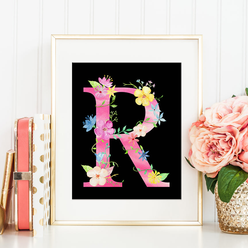watercolor floral letter r, pink floral letter r, capital letter r, letter r printable