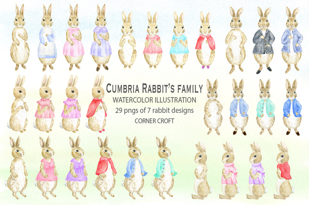 Watercolor rabbit illustration with removable jacket, mum, dad, son and kids