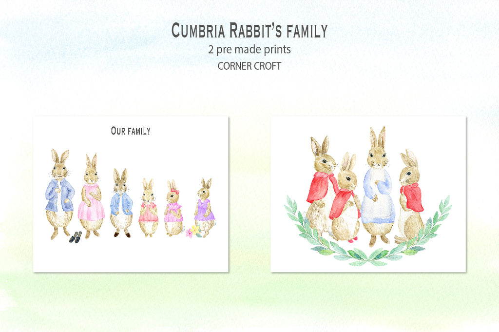 watercolor rabbit family inspired by Beatrix Potter's "the tale of Peter rabbit", for personalised print, my family print