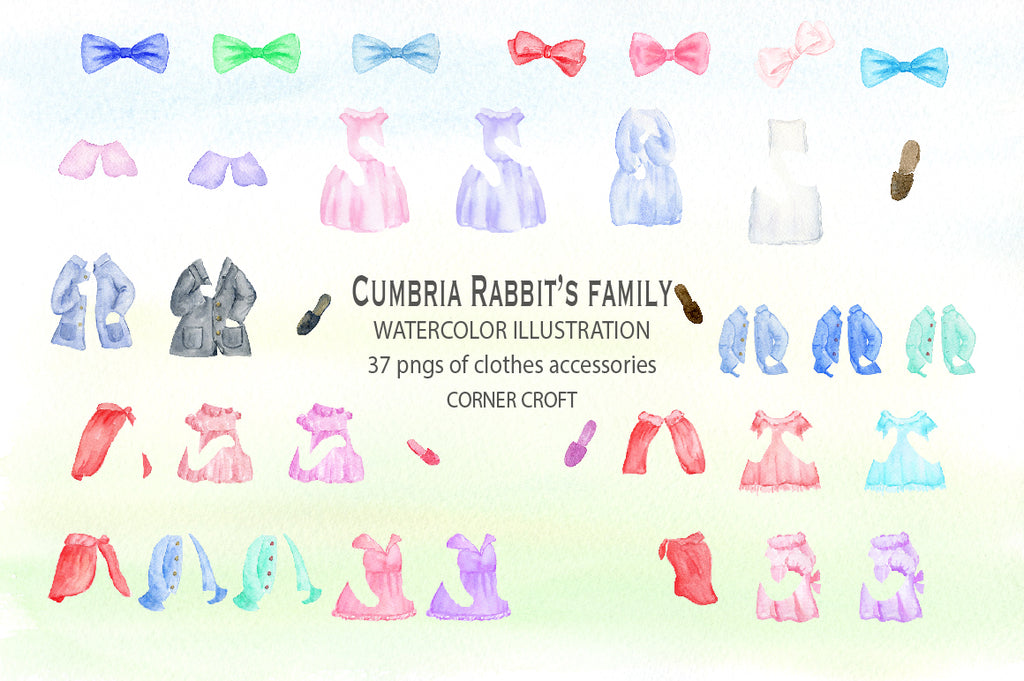 waterclor cumbria rabbit family with cloths set, dress and coat can be removed. 