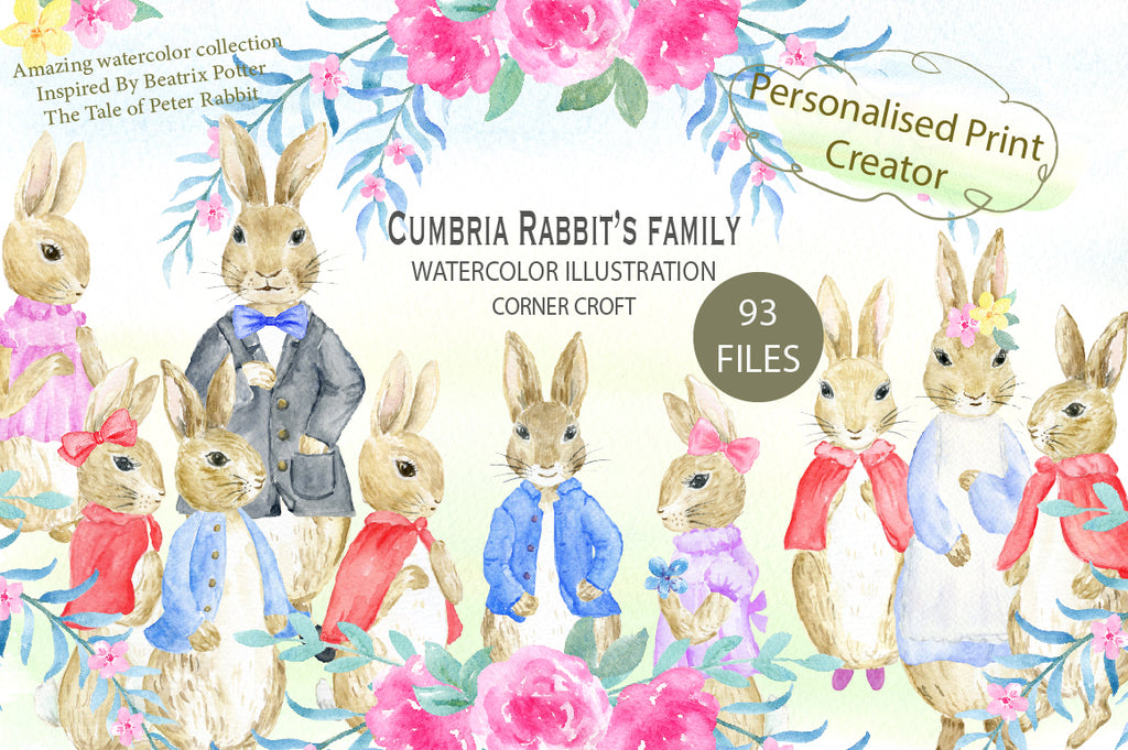 watercolor rabbit family inspired by Beatrix Potter's "the tale of Peter rabbit", for personalised print, my family print