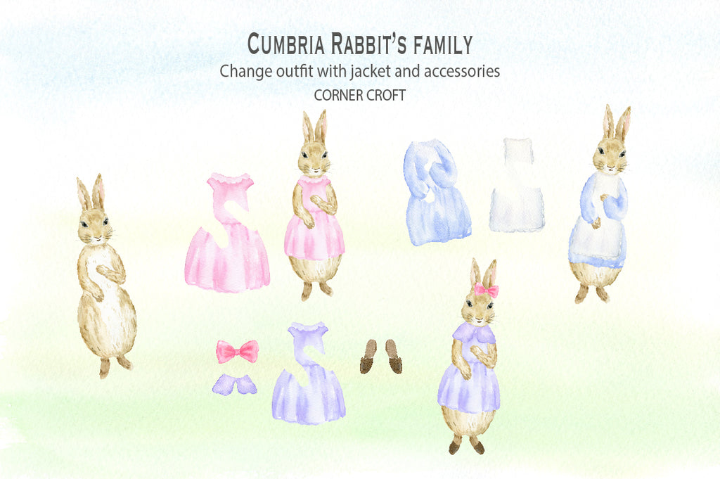 customise rabbit with cloths set, watercolor rabbit clipart, instant download 