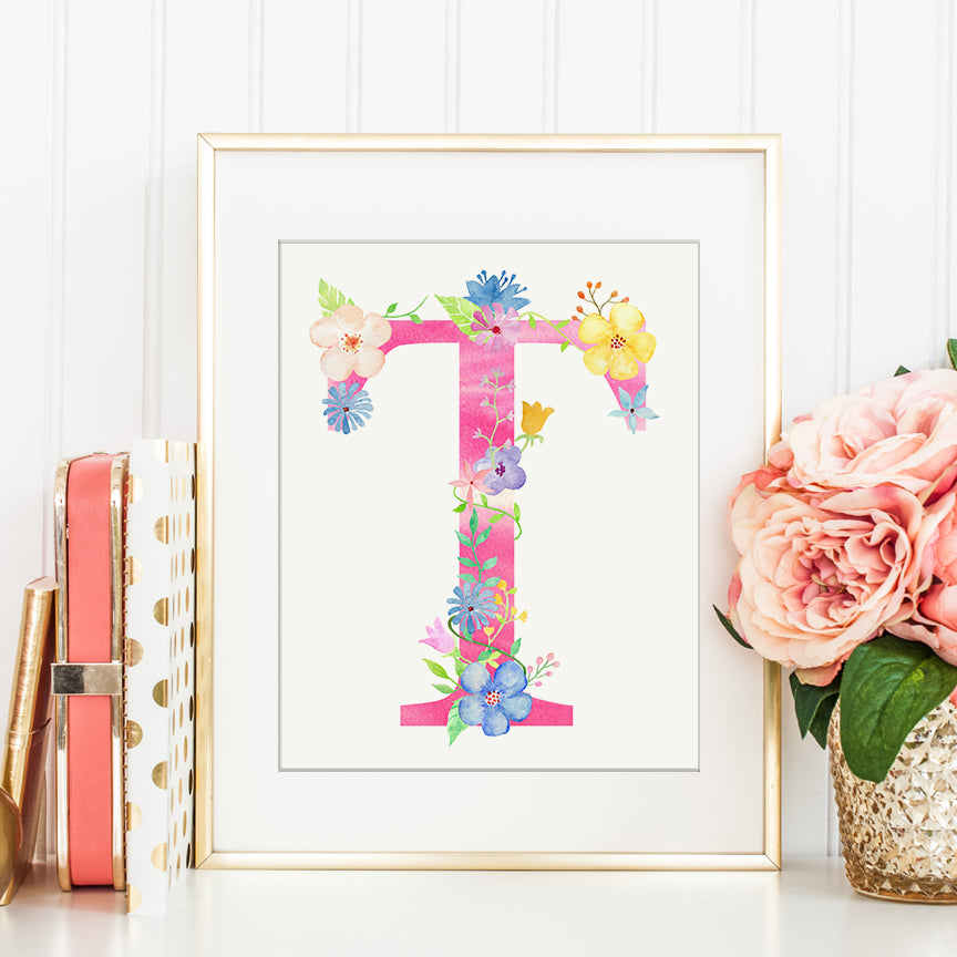 watercolor floral letter T, letter t, pink floral letter T, name initial T