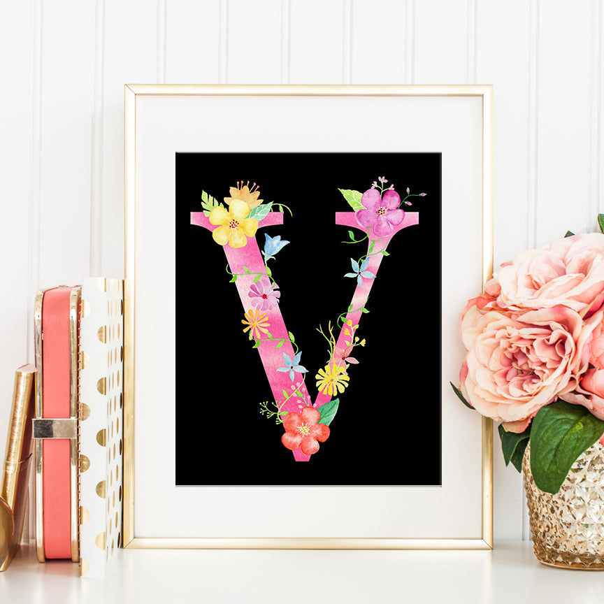 watercolor floral letter v, name initial v, alphabet V printable