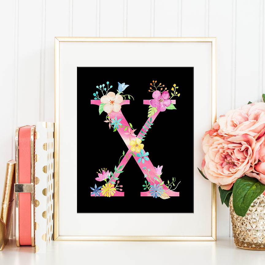 pink floral letter X, watercolor floral alphabet X, girl room deco, pink flowers 