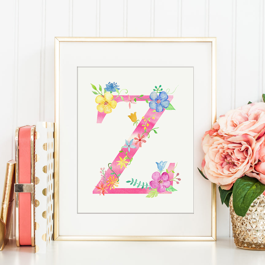 Watercolor pink floral letter Z, name initial Z, girl room deco, girl name initial, Z printable 