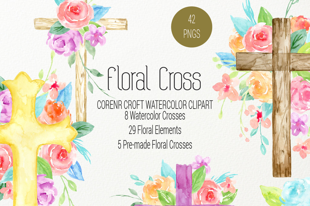 watercolor clipart floral cross, cross clipart, religious illustration. 