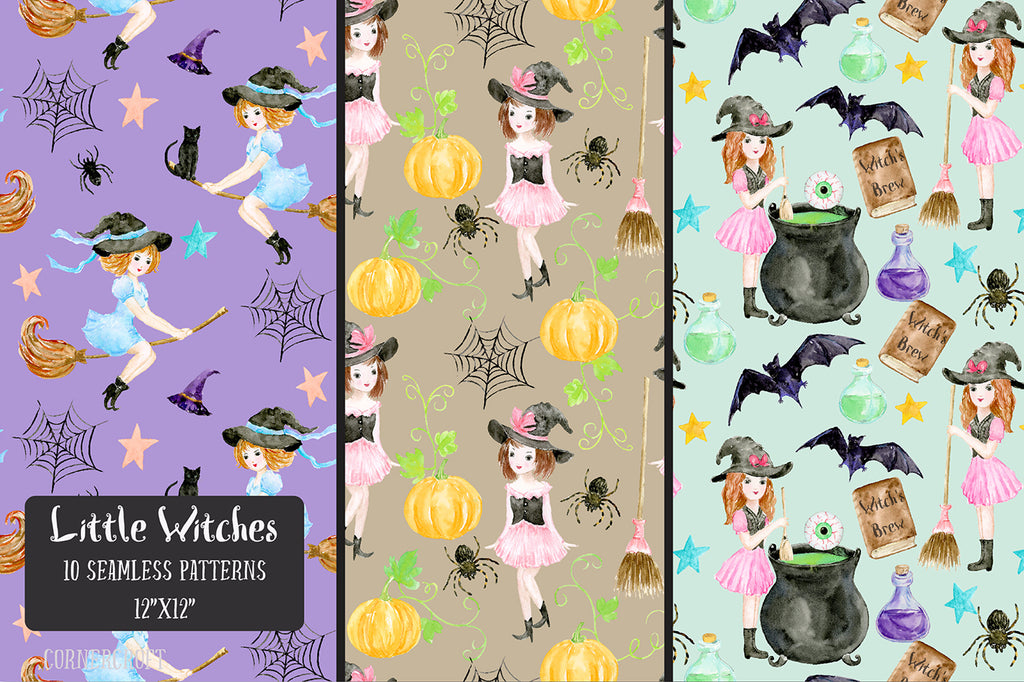 watercolor digital paper little witches, nursery pattern, halloween pattern, seamless pattern