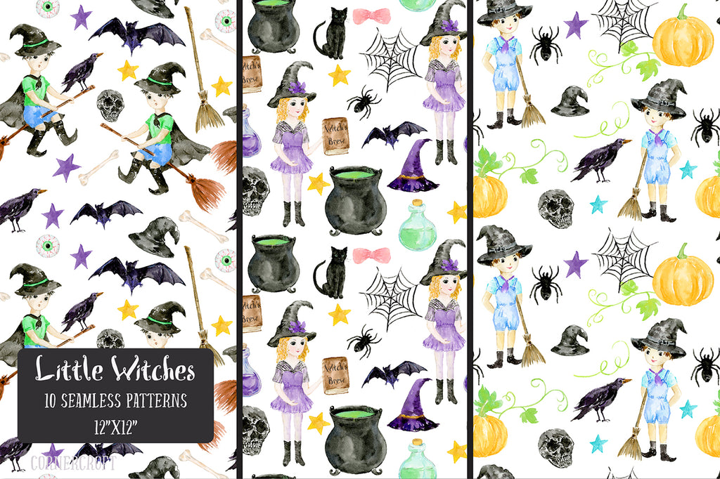 watercolor digital paper, little witch watercolor pattern, seamless pattern, digital pattern