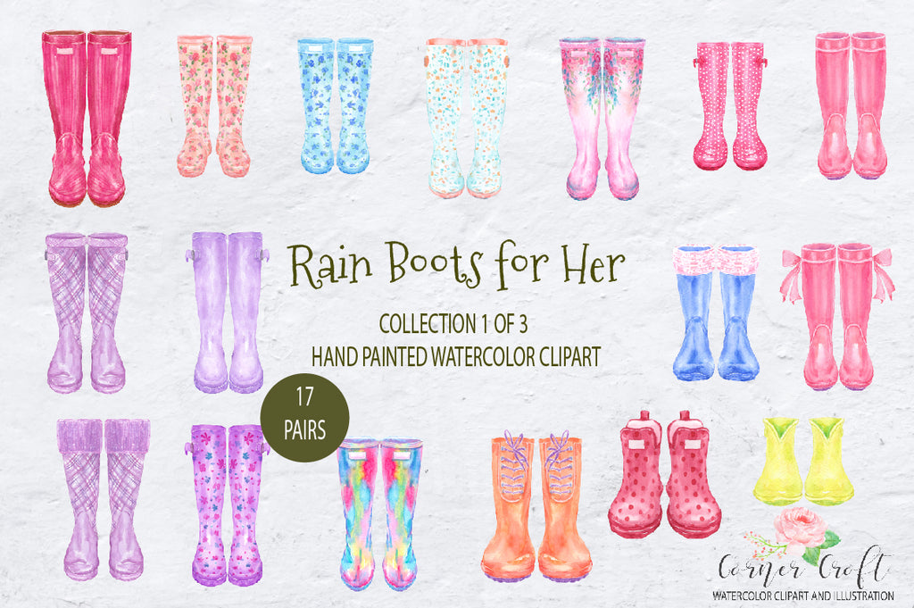 rain boots, watercolor wellies, welly collection, my family print, watercolor clipart,