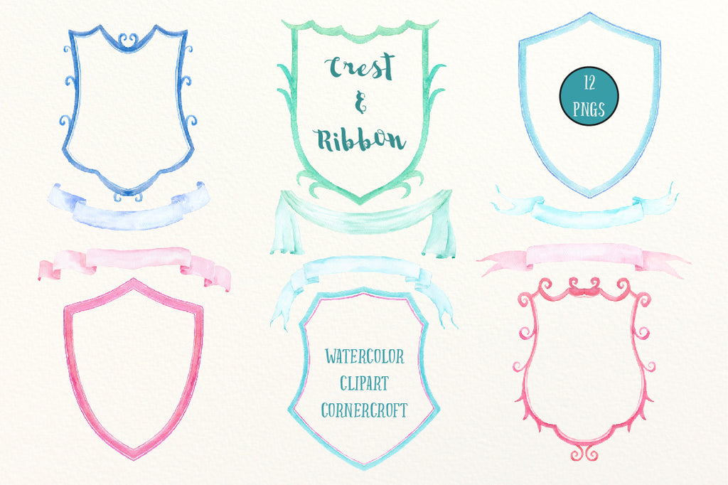 Hand painted watercolor crest frames and ribbons for instant download, diy wedding crest, family crest, branding