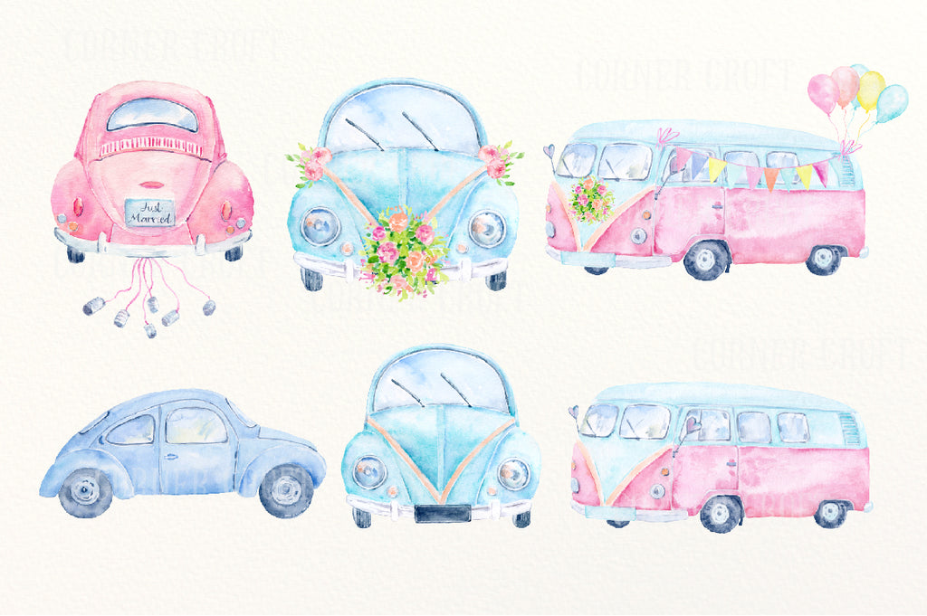 wedding car, wedding camper van, blue and pink, watercolour illustration, wedding map