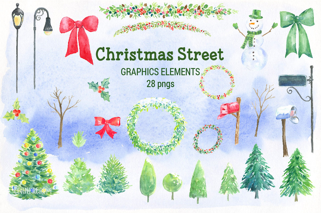 watercolor Christmas collection, Christmas streets, American houses, red car, red truck, ribbons, street signs.