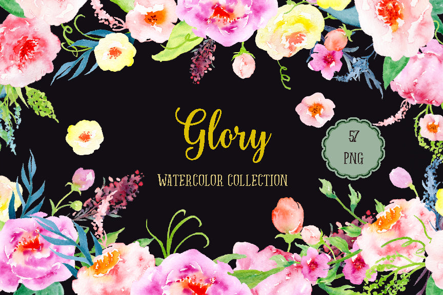 Watercolour Collection Glory, pink and purple peony, floral wreaths, floral posies, instant download