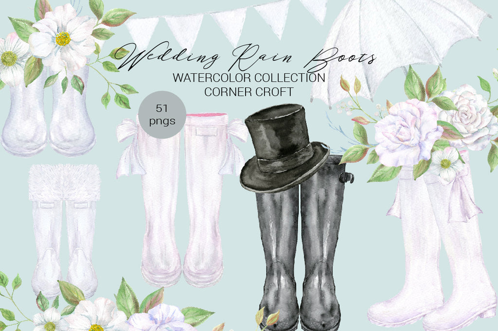 watercolor wedding boots, wellies, white rain boots, black rain boots, wedding rain boots, top hat, white flower, print, instant download, white wellies, white wellington boots, black wellington boots