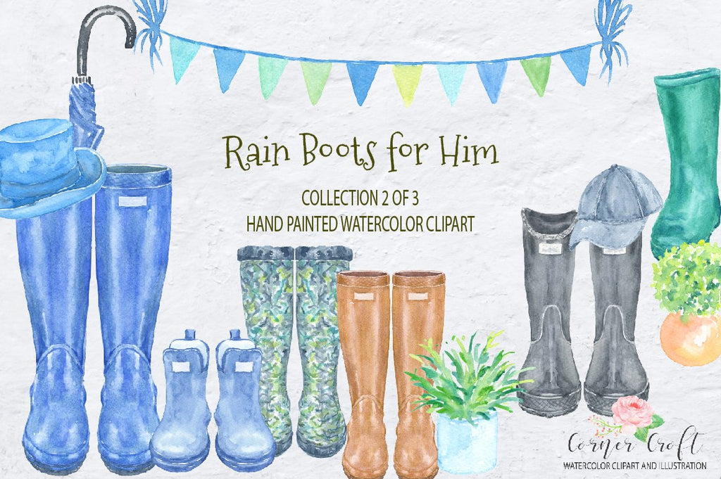 watercolor rain boots for him, men's boots, wellies, blue wellies, men's hat, watercolor clipart, Hand painted watercolor wellies