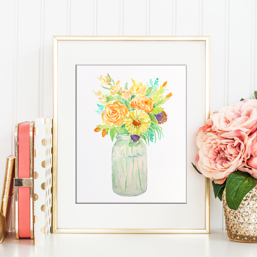 Mason jar flowers, vase of flowers, yellow flowers, printable, 