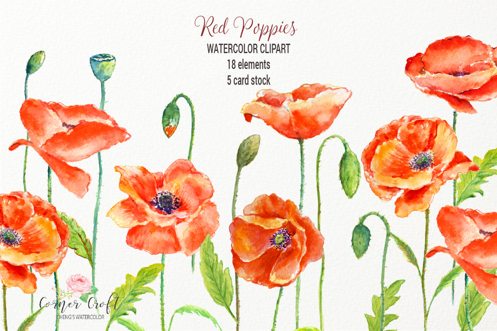 watercolor clipart, poppy, red poppy, red poppies, poppy field, card, greeting cards, template