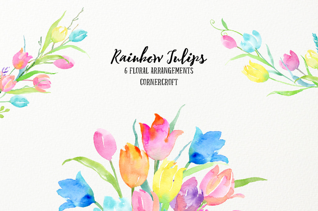 rainbow tulips, watercolor clipart, foral wreath, floral arrangement, corner croft artwork 