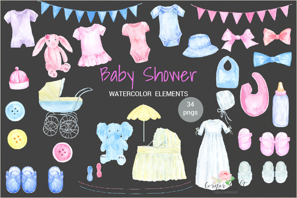 watercolor clipart baby shower, blue elephant soft toy, feeding bottle, bib, baby clipart, watercolour illustration 