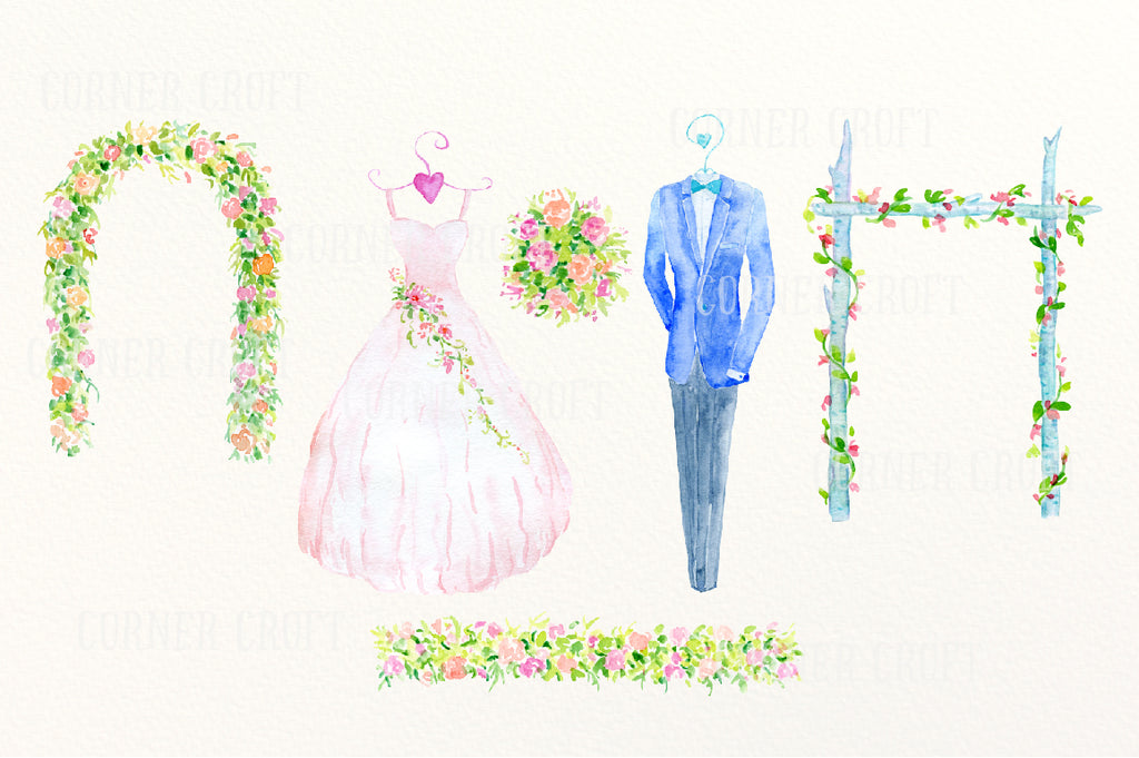 wedding arch, wedding gown, wedding arch, corner croft illustration 