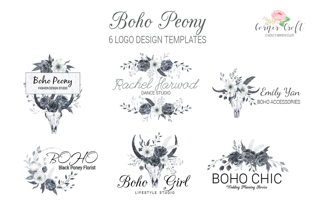 logo template, logo design, black peony, watercolor peony, white peony, boho logo, logo design. 