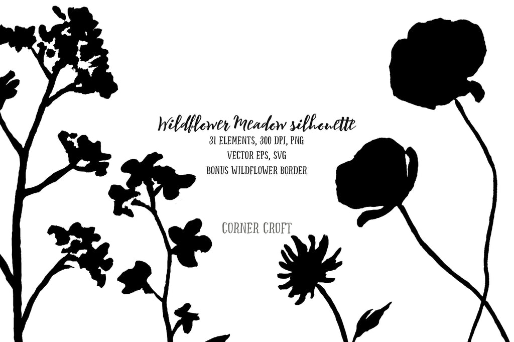 vector file instant download, silhouette flowers, meadow flower, hand drawn flowers