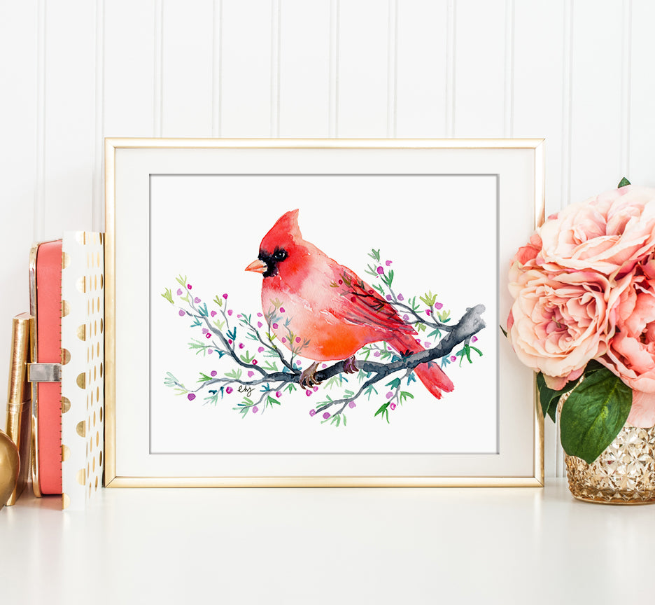 Red cardinal, watercolor cardinal, watercolor bird illustration, instant download 