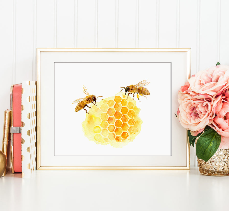 Watercolor bee keeping, honey bees and honeycomb print